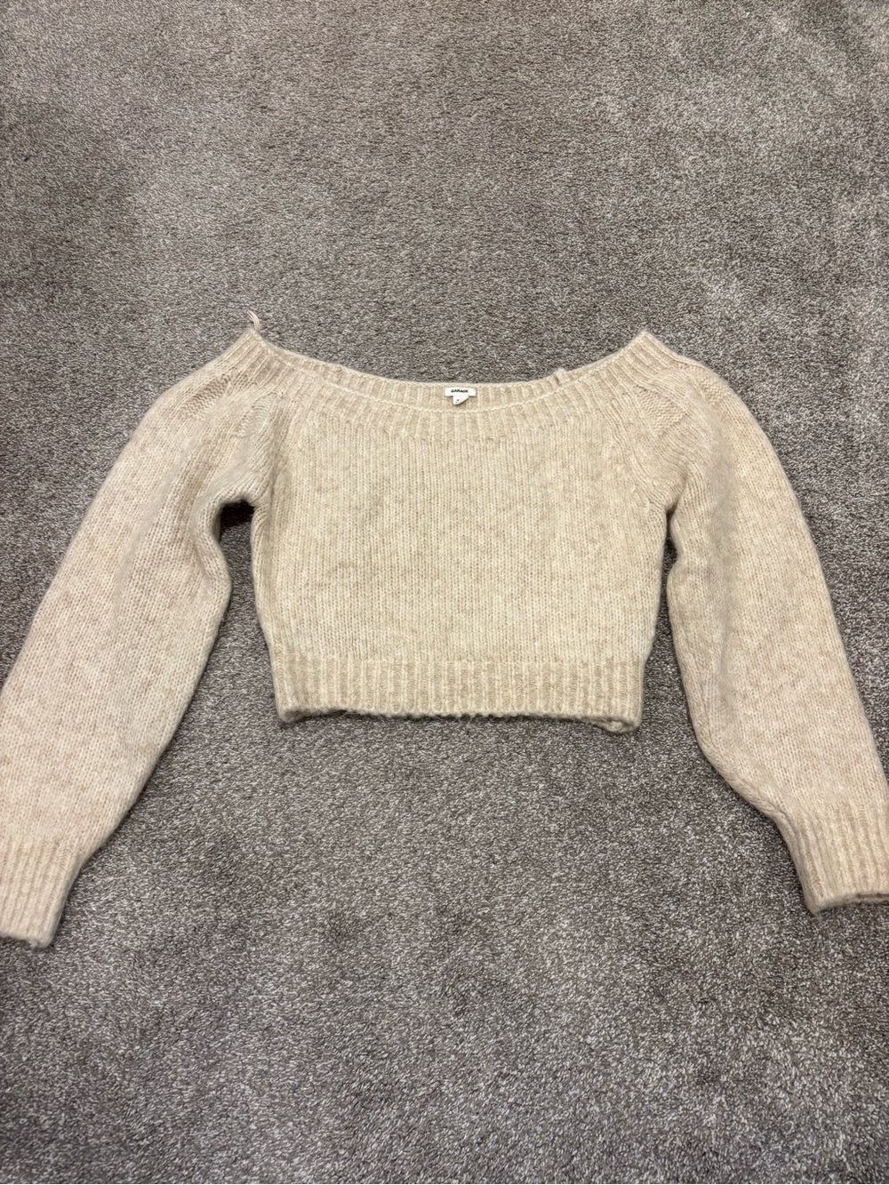 Garage Cream Off-Shoulder Cropped Knit Sweater